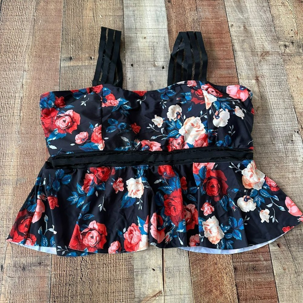 Red blue black floral tankini swim suit top plus size -4XL